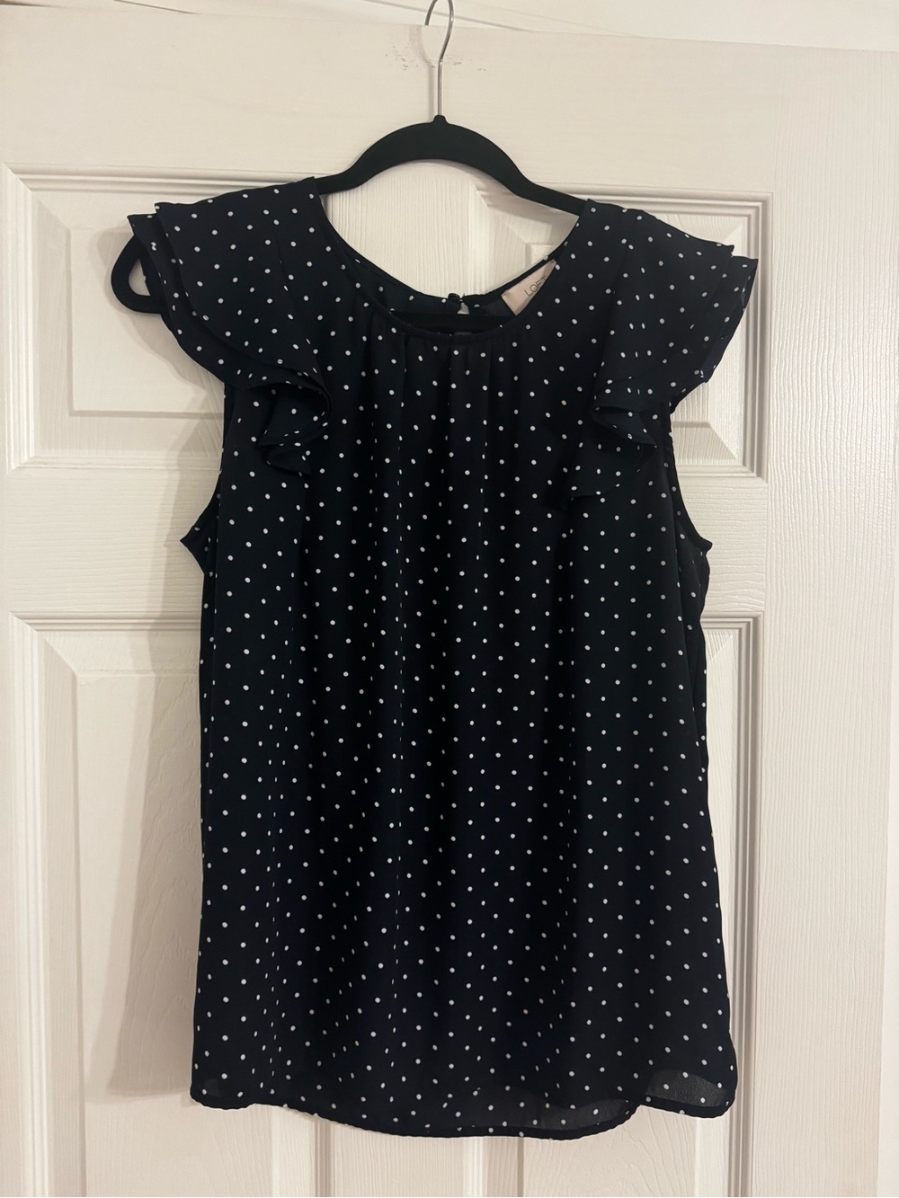 LOFT Navy Blue Polka Dot Ruffle Sleeve Blouse